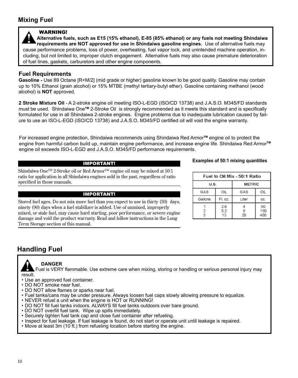 Handling fuel, Mixing fuel | Shindaiwa TRIMMER T242X User Manual | Page 10 / 28