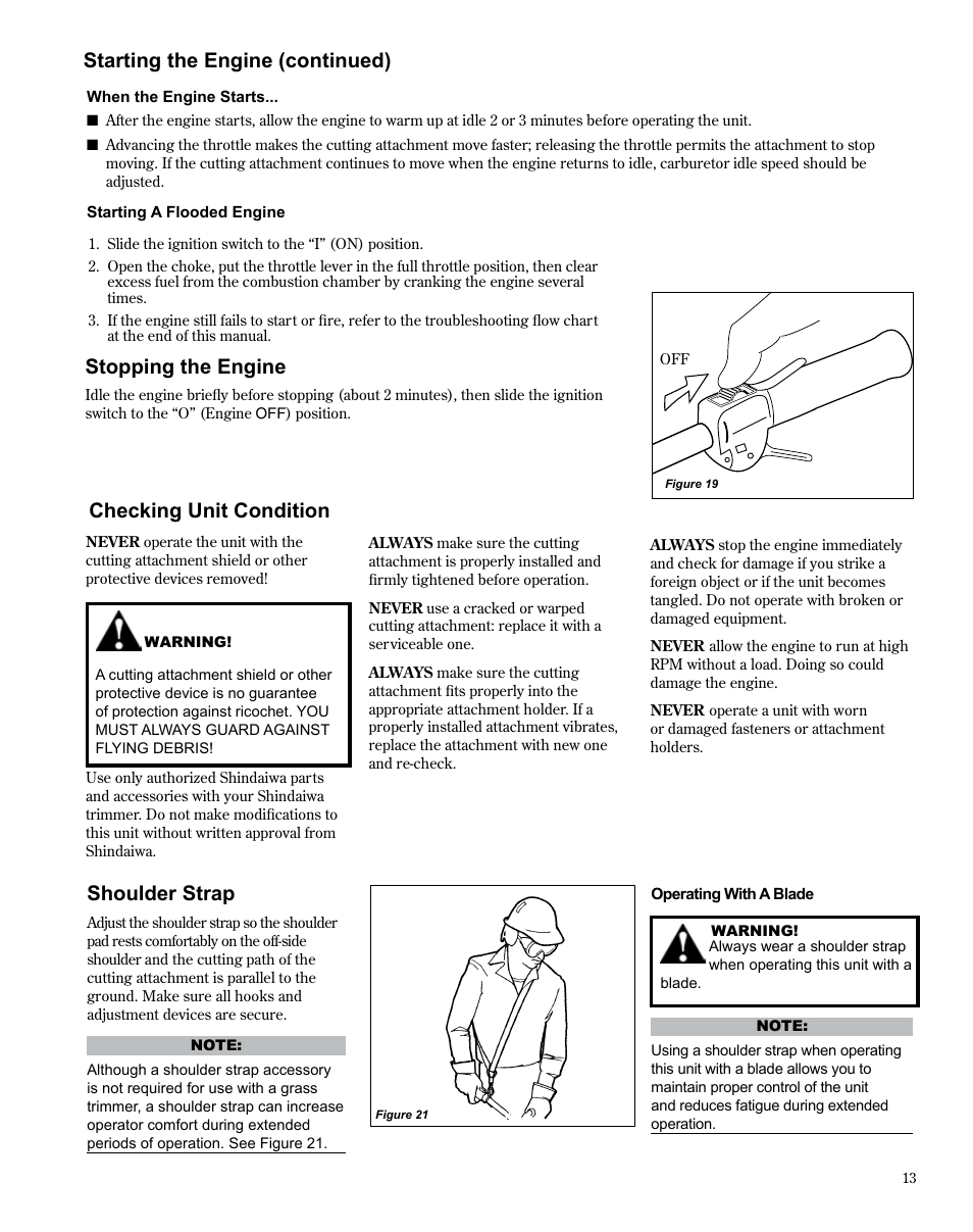 Starting the engine (continued), Stopping the engine, Checking unit condition | Shoulder strap | Shindaiwa TRIMMER T242X User Manual | Page 13 / 28