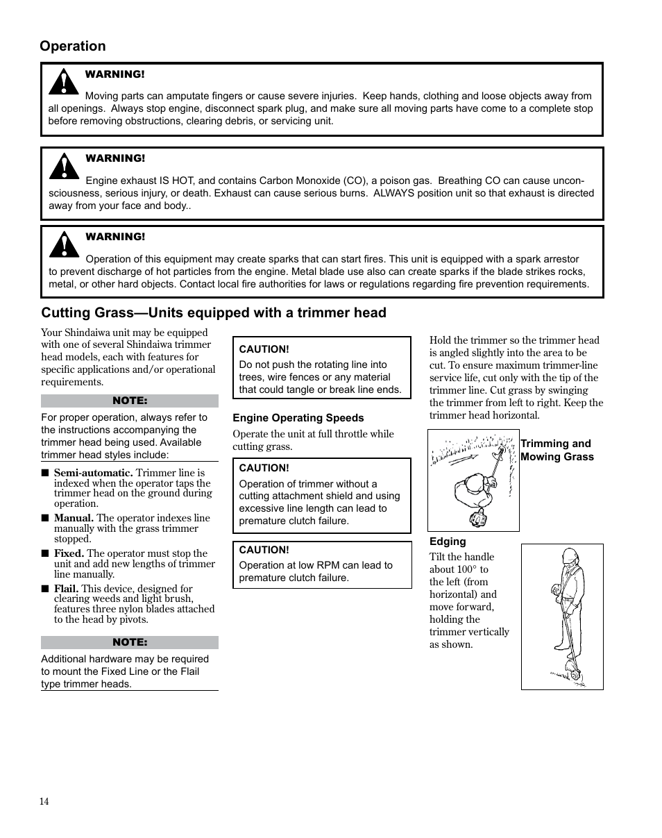 Cutting grass—units equipped with a trimmer head, Operation | Shindaiwa TRIMMER T242X User Manual | Page 14 / 28