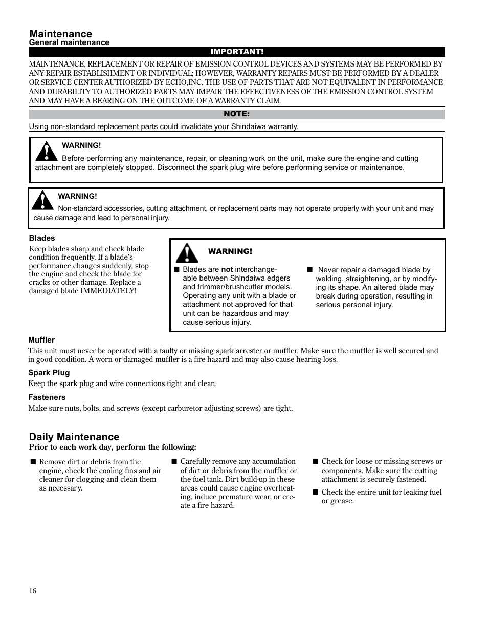 Maintenance, Daily maintenance | Shindaiwa TRIMMER T242X User Manual | Page 16 / 28