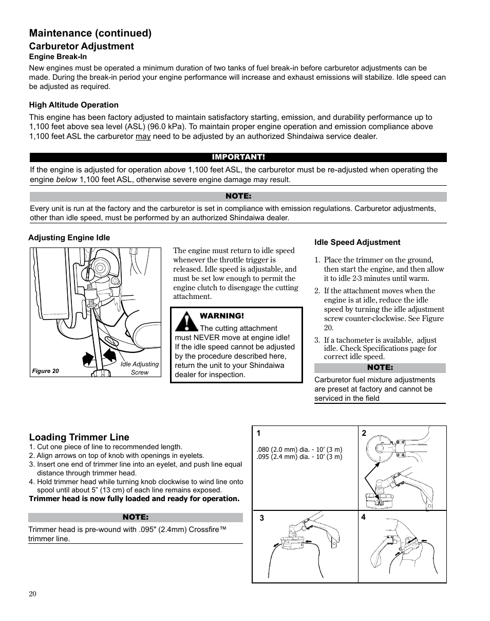 Maintenance (continued), Carburetor adjustment, Loading trimmer line | Shindaiwa TRIMMER T242X User Manual | Page 20 / 28