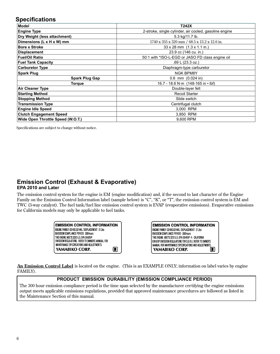 Specifications, Emission control (exhaust & evaporative) | Shindaiwa TRIMMER T242X User Manual | Page 6 / 28