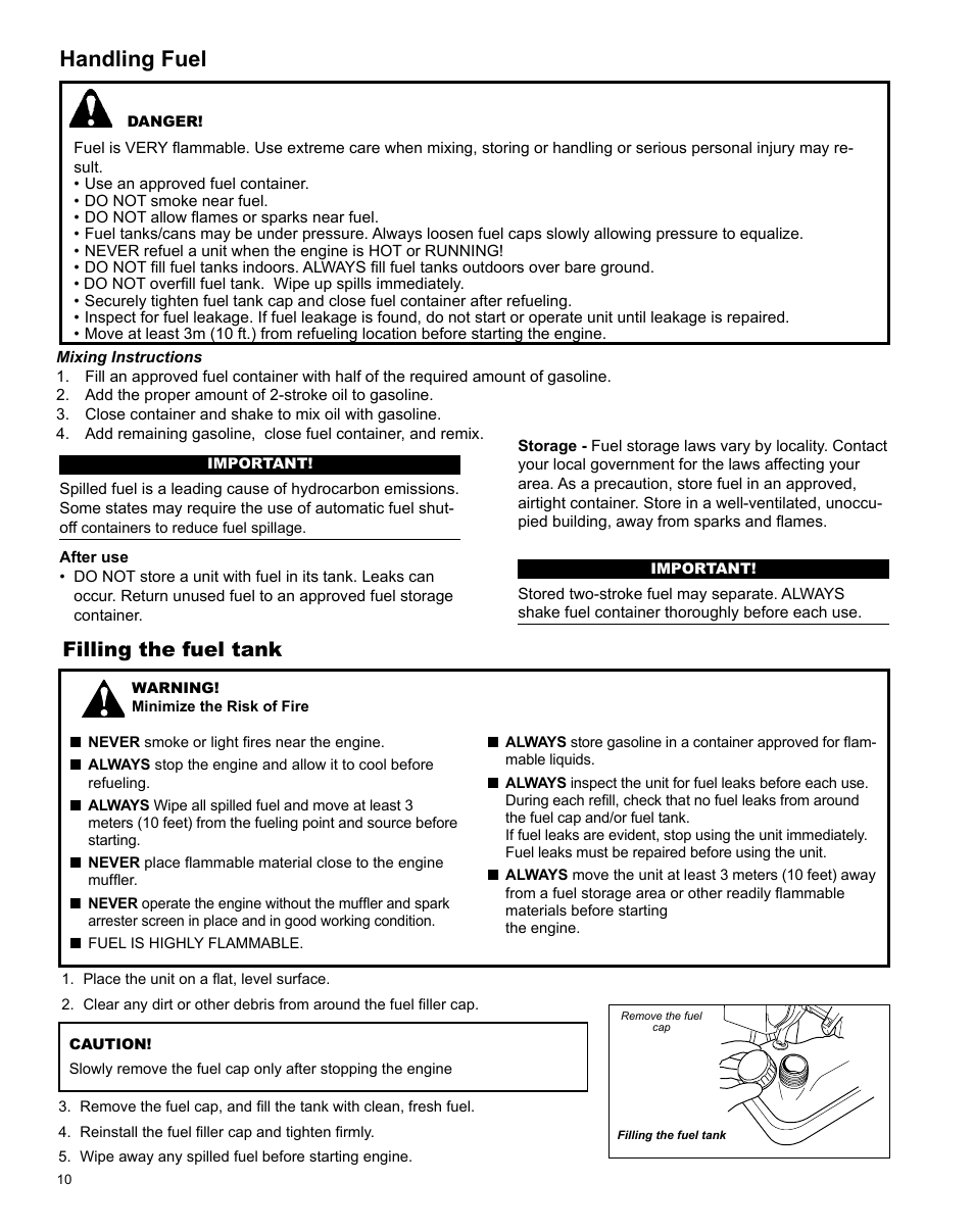 Handling fuel, Filling the fuel tank | Shindaiwa T282 TRIMMER X7502824801 User Manual | Page 10 / 28
