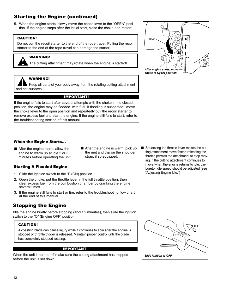 Stopping the engine, Starting the engine (continued) | Shindaiwa T282 TRIMMER X7502824801 User Manual | Page 12 / 28