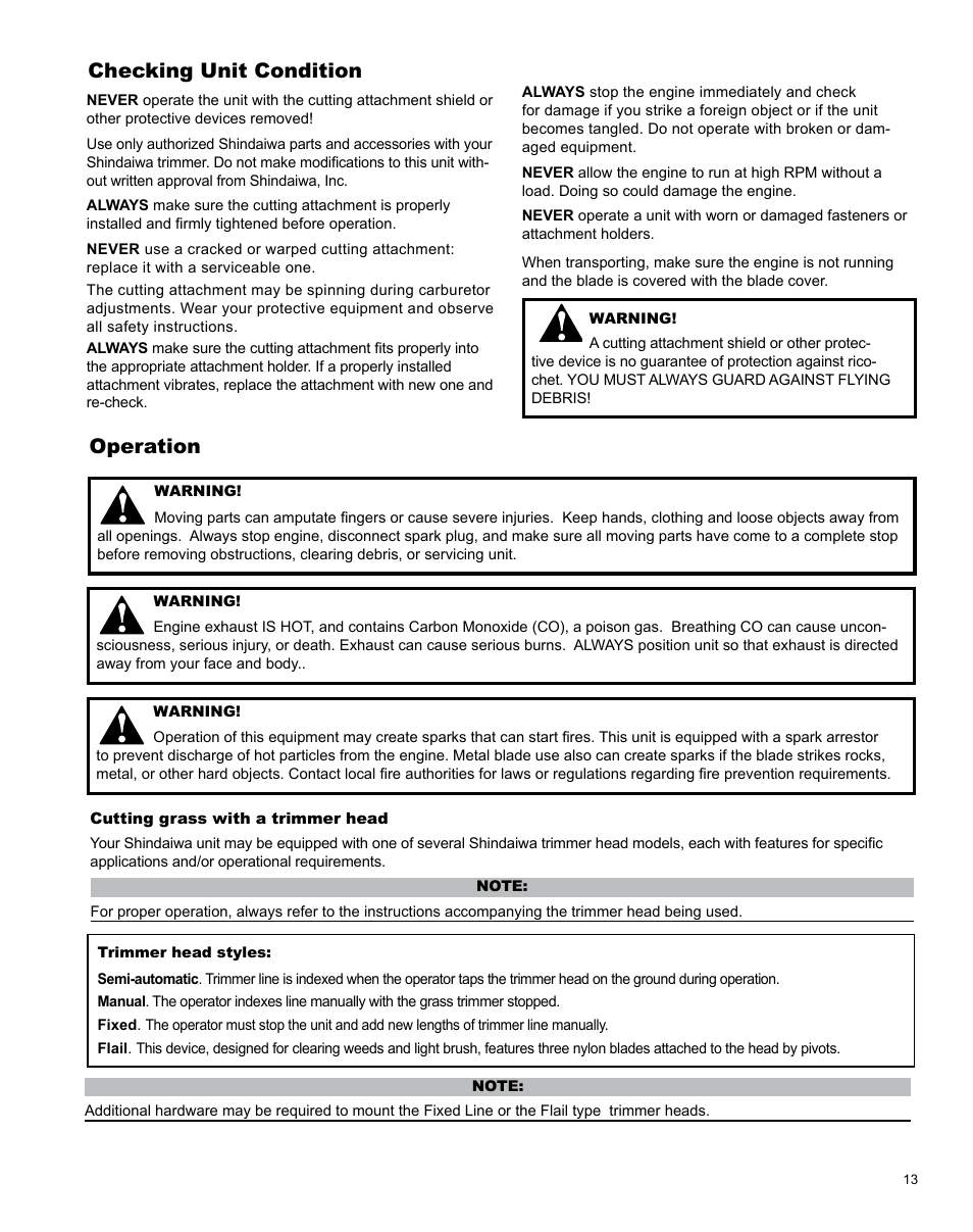 Checking unit condition, Operation | Shindaiwa T282 TRIMMER X7502824801 User Manual | Page 13 / 28