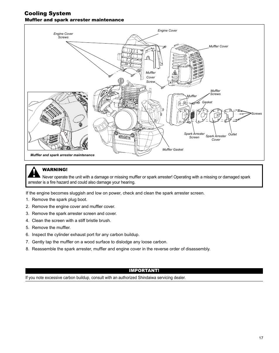 Cooling system, Muffler and spark arrester maintenance | Shindaiwa T282 TRIMMER X7502824801 User Manual | Page 17 / 28