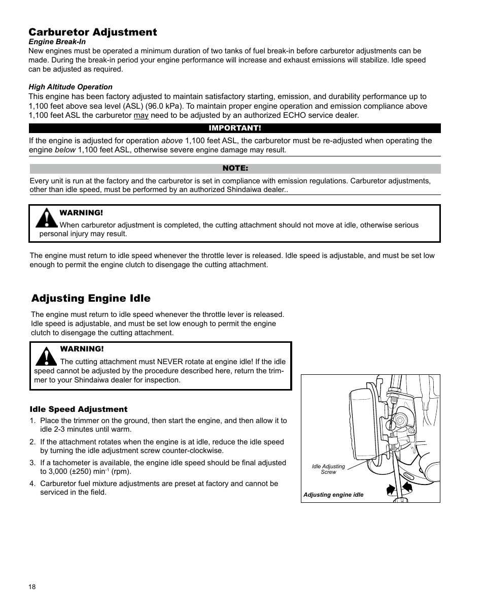 Carburetor adjustment, Adjusting engine idle | Shindaiwa T282 TRIMMER X7502824801 User Manual | Page 18 / 28