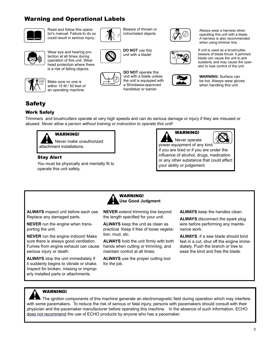 Warning and operational labels, Safety | Shindaiwa T282 TRIMMER X7502824801 User Manual | Page 3 / 28