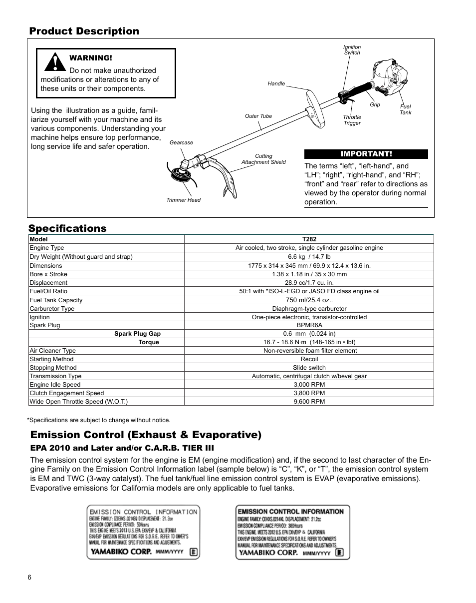 Product description, Specifications, Emission control (exhaust & evaporative) | Shindaiwa T282 TRIMMER X7502824801 User Manual | Page 6 / 28