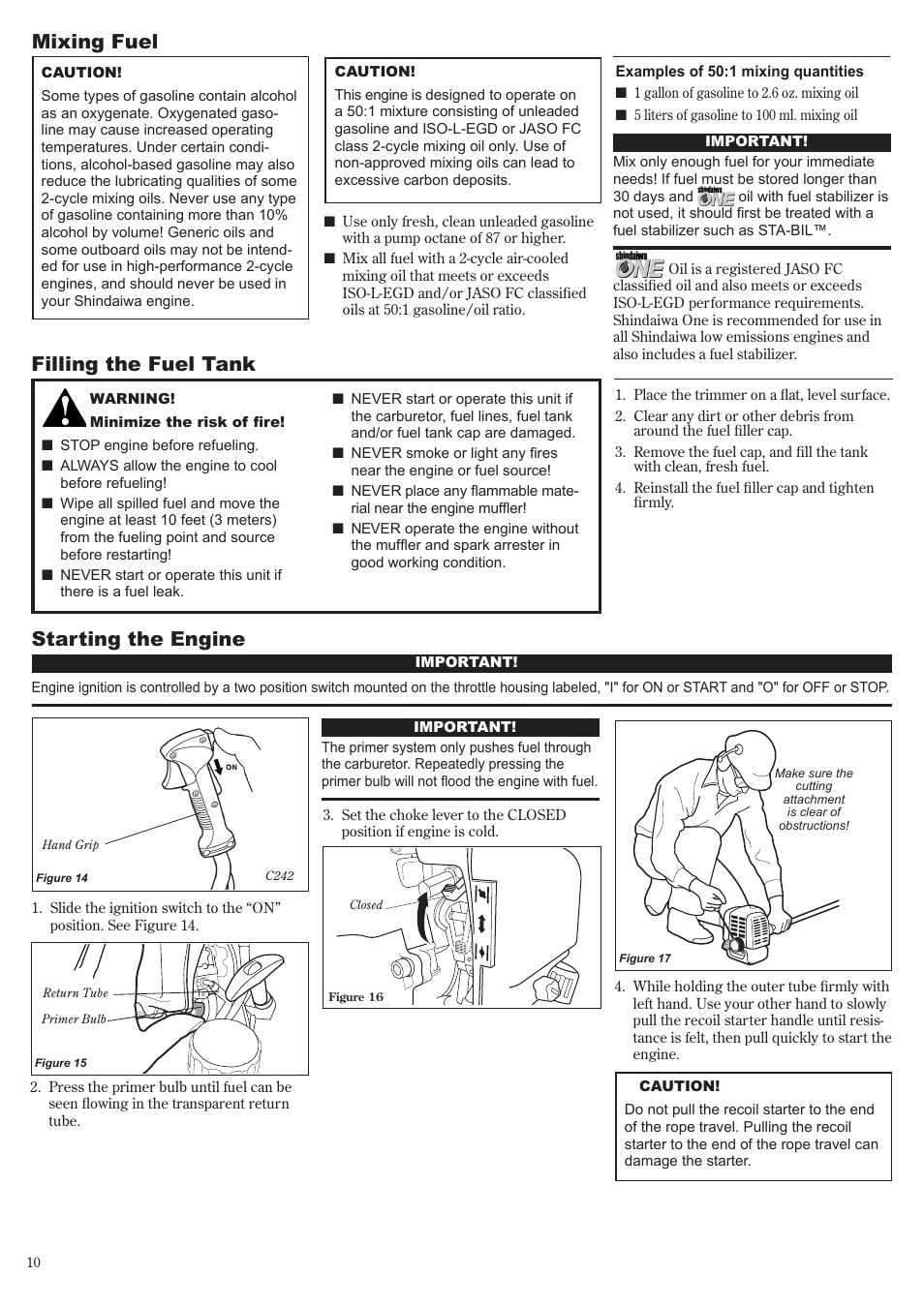 Starting the engine, Mixing fuel, Filling the fuel tank | Shindaiwa 81644 User Manual | Page 10 / 40