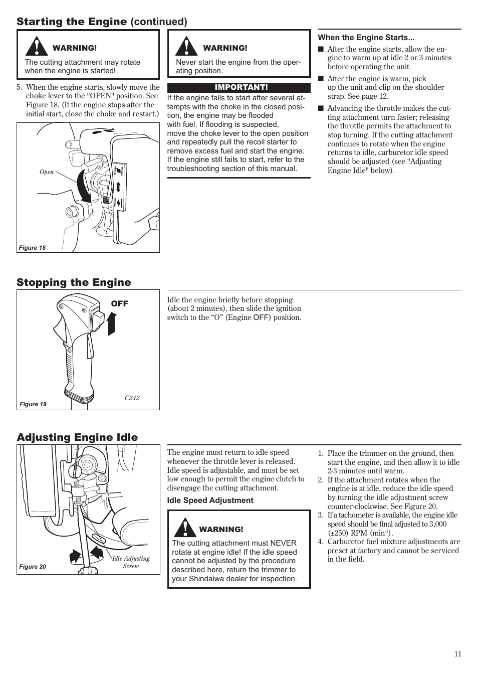 Starting the engine (continued), Stopping the engine adjusting engine idle | Shindaiwa 81644 User Manual | Page 11 / 40