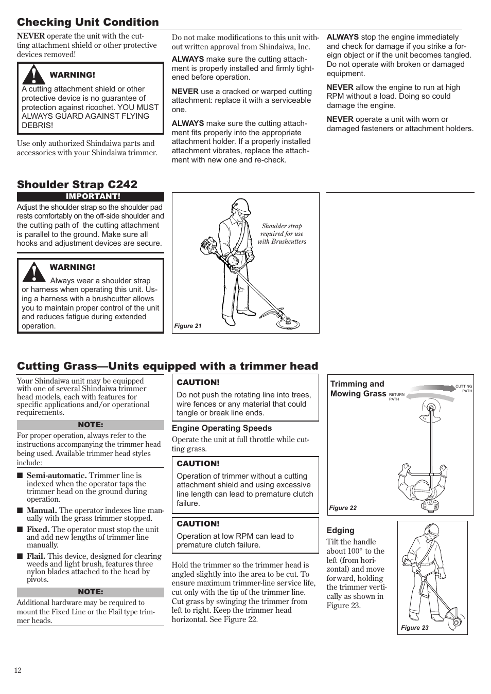 Cutting grass—units equipped with a trimmer head, Checking unit condition shoulder strap c242 | Shindaiwa 81644 User Manual | Page 12 / 40