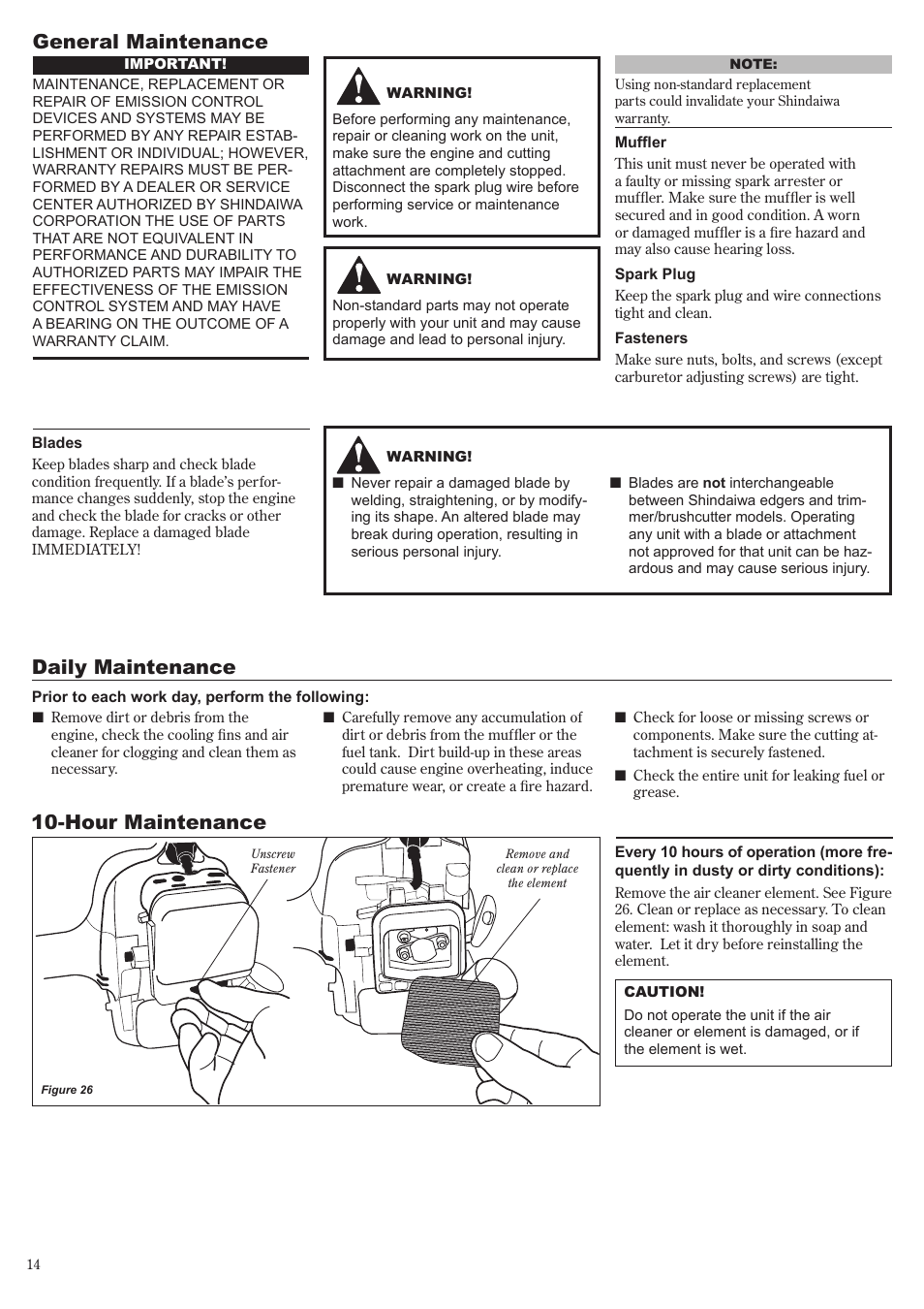 General maintenance, Daily maintenance, Hour maintenance | Shindaiwa 81644 User Manual | Page 14 / 40