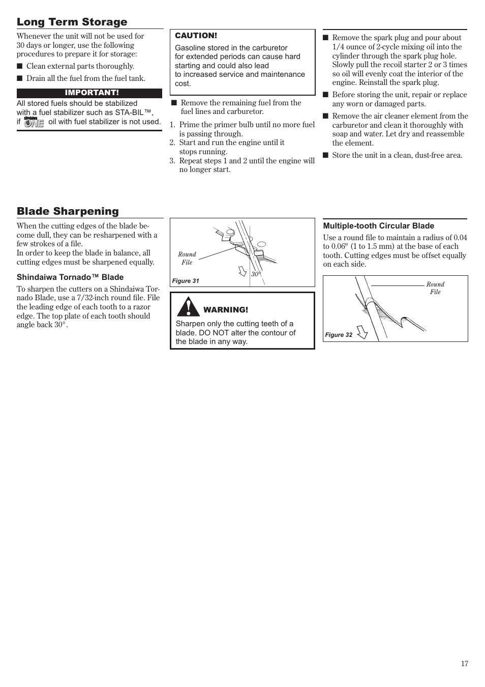 Long term storage, Blade sharpening | Shindaiwa 81644 User Manual | Page 17 / 40