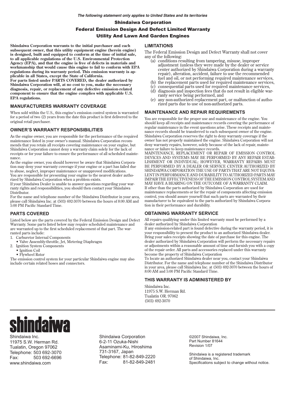 Shindaiwa 81644 User Manual | Page 20 / 40