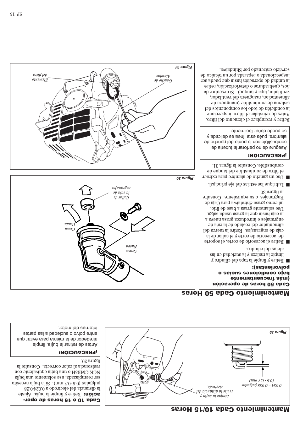 Mantenimiento cada 50 horas, Mantenimiento cada 10/15 horas | Shindaiwa 81644 User Manual | Page 26 / 40