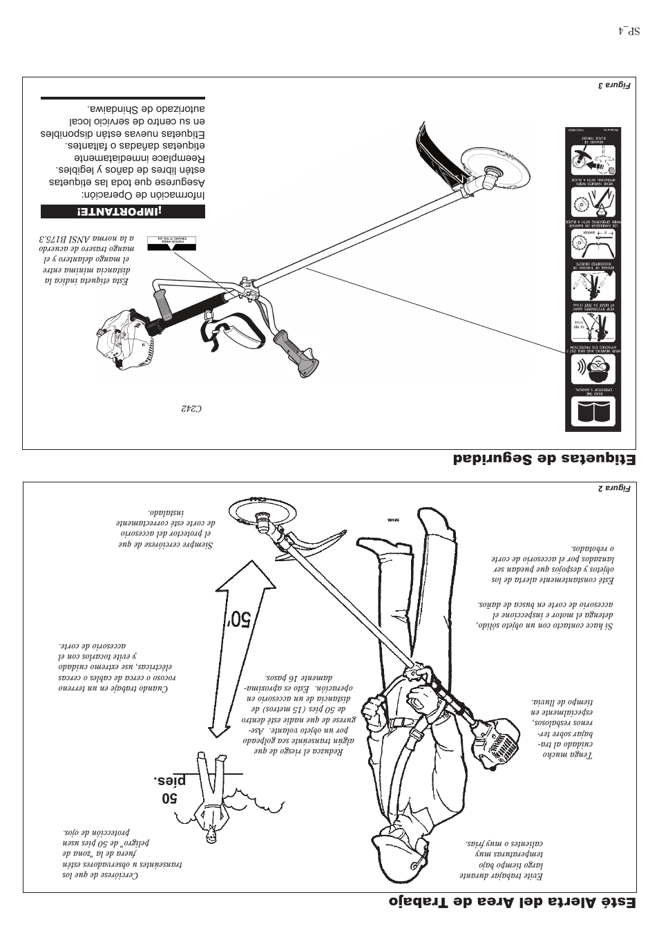 Esté alerta del ar ea de tra bajo, 50 píes. etiquetas de seguridad | Shindaiwa 81644 User Manual | Page 37 / 40