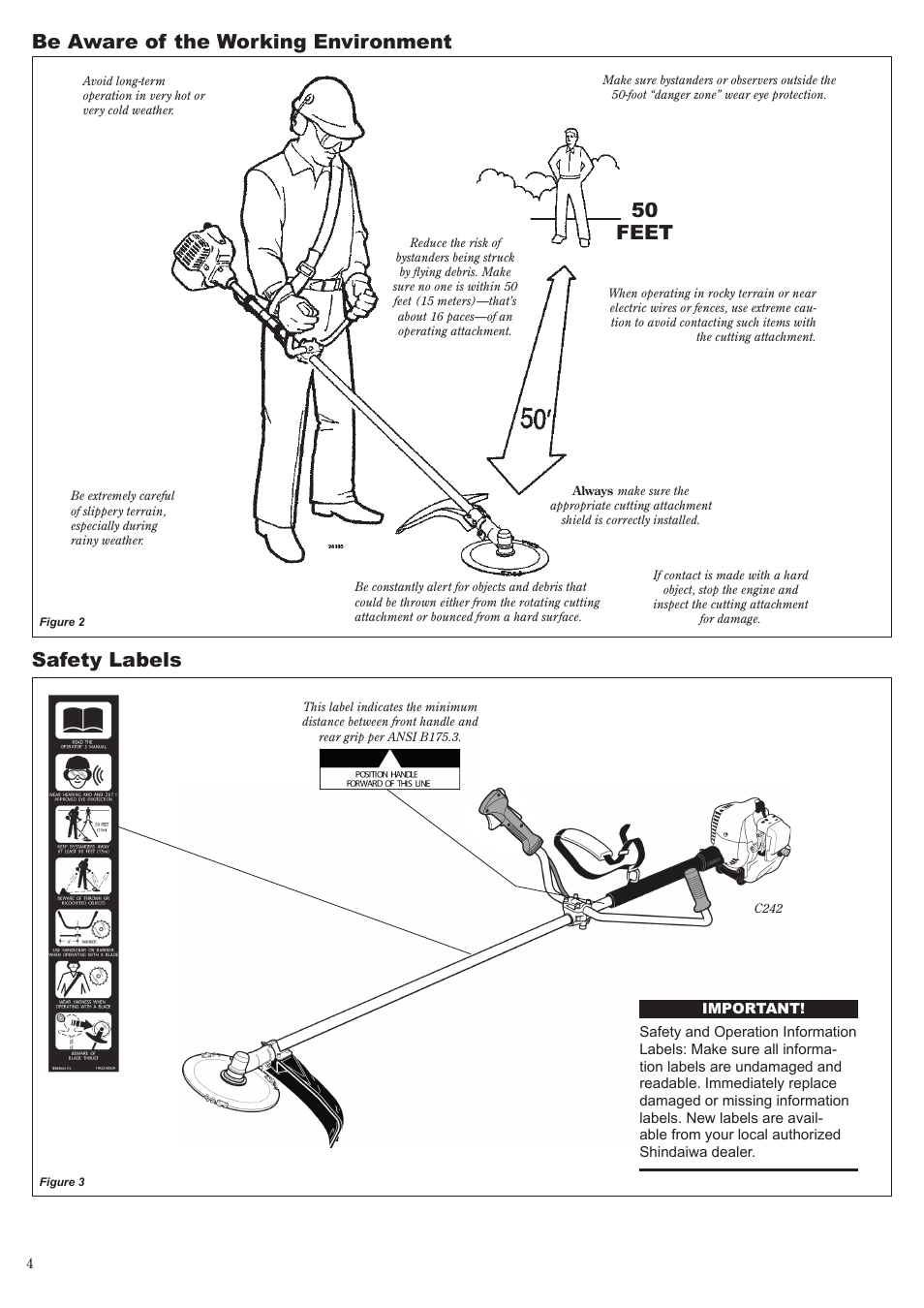 Safety labels, Be aware of the working environment, 50 feet | Shindaiwa 81644 User Manual | Page 4 / 40