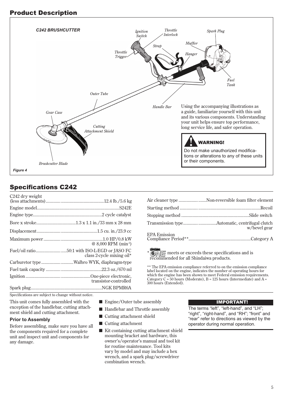 Product description, Specifications c242 | Shindaiwa 81644 User Manual | Page 5 / 40