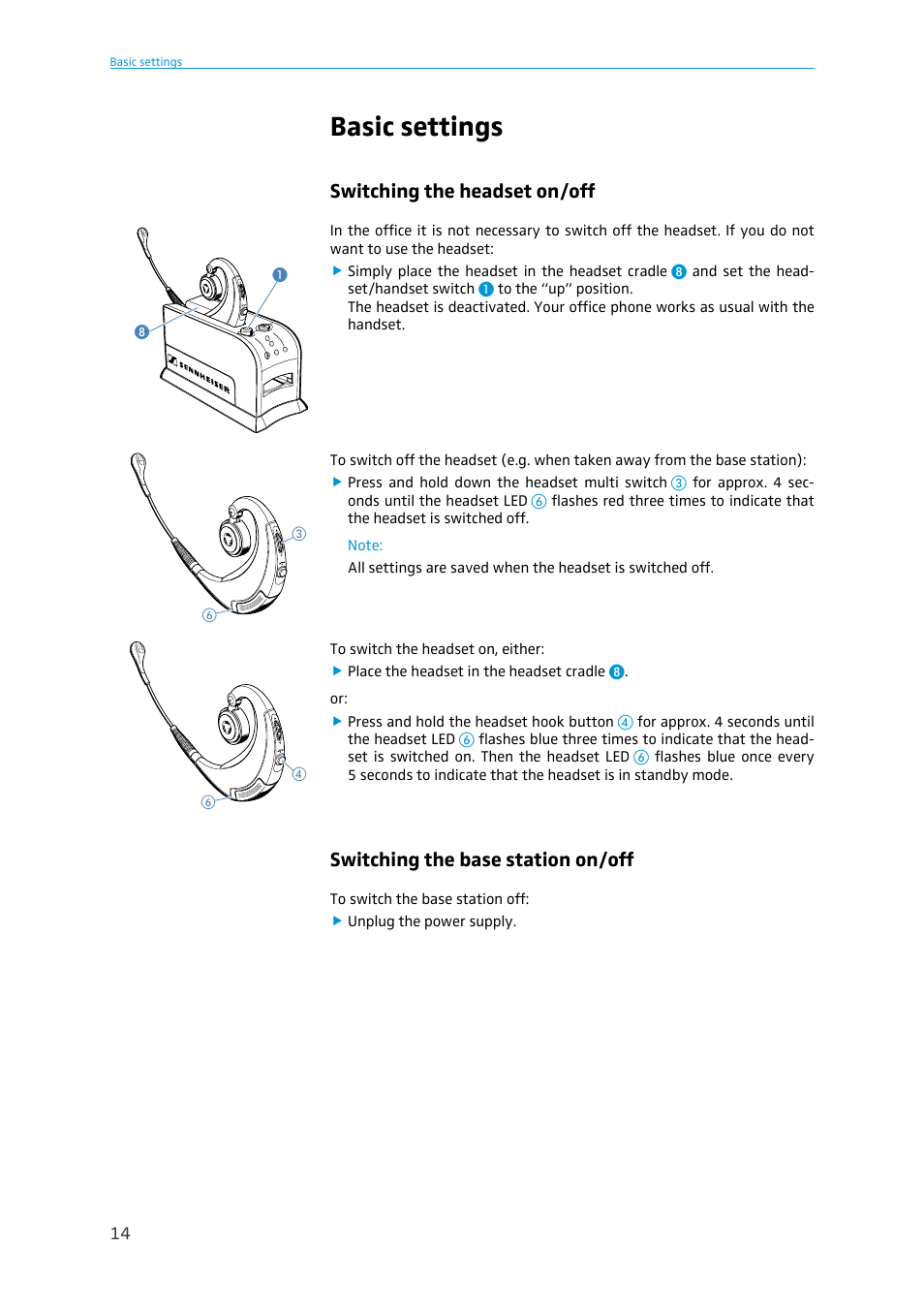 Basic settings, Switching the headset on/off, Switching the base station on/off | Sennheiser BW 900 User Manual | Page 14 / 28