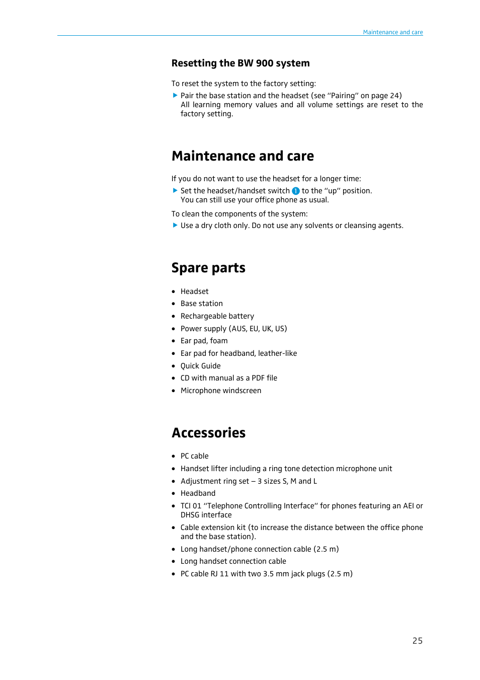 Maintenance and care, Spare parts, Accessories | Sennheiser BW 900 User Manual | Page 25 / 28