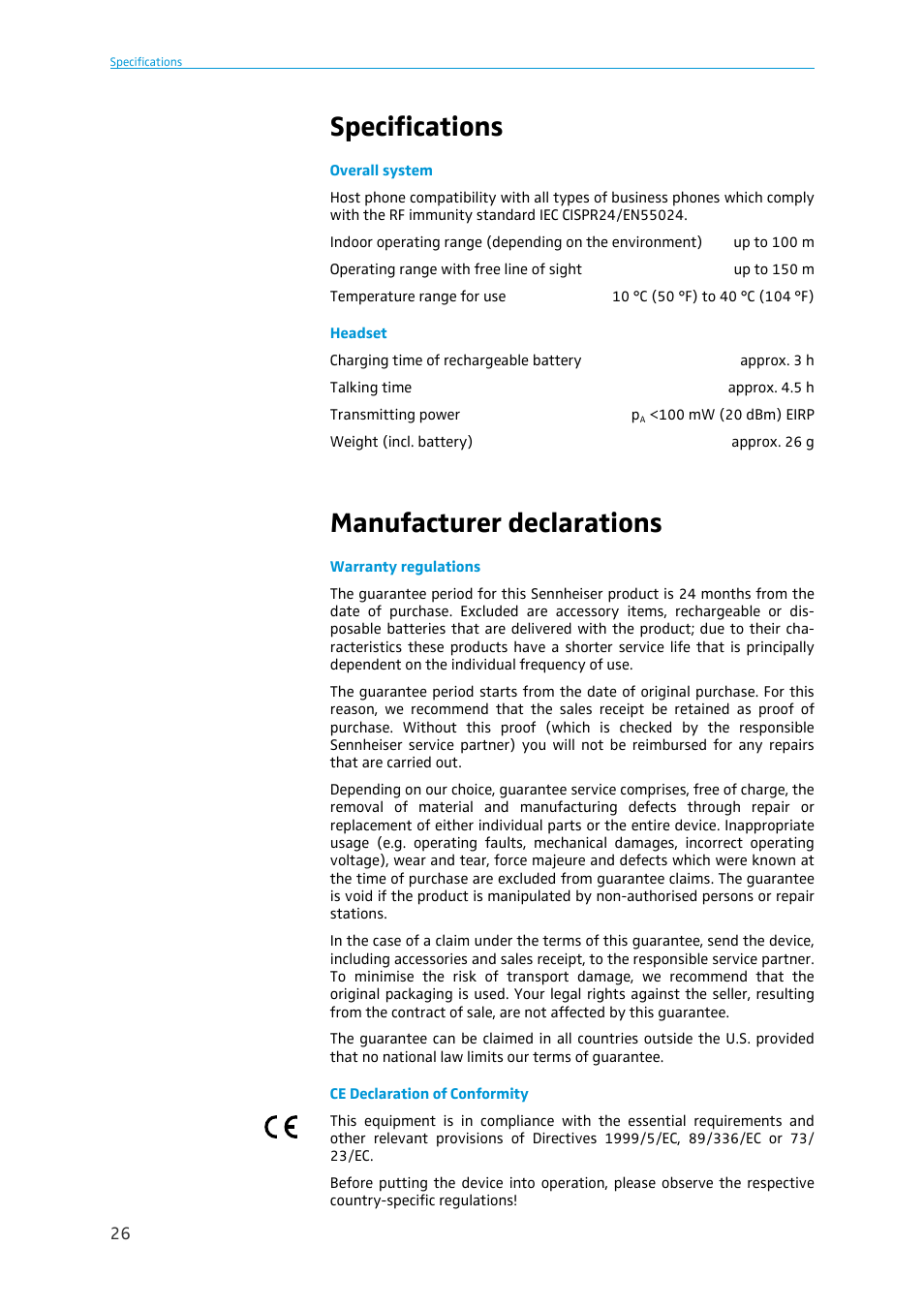 Specifications, Manufacturer declarations | Sennheiser BW 900 User Manual | Page 26 / 28