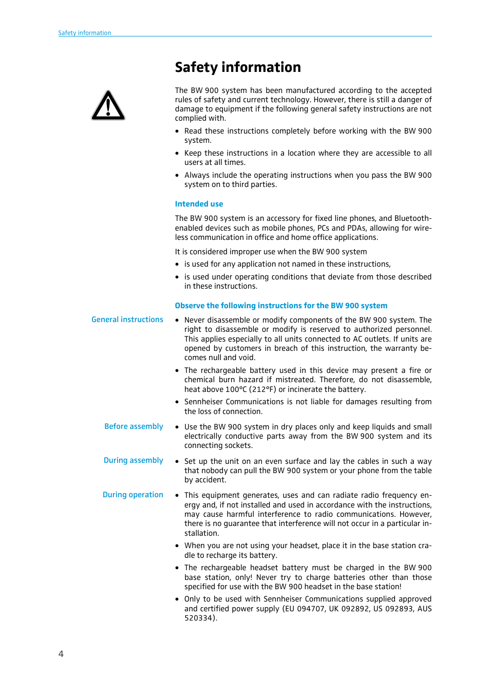 Safety information | Sennheiser BW 900 User Manual | Page 4 / 28