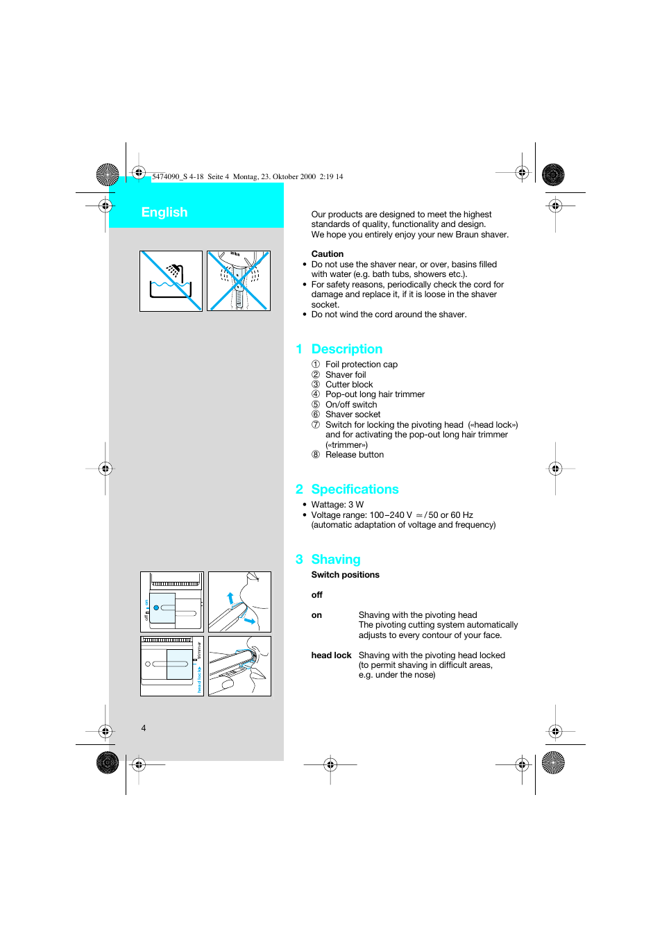 English, 1 description, 2 specifications | 3 shaving | Braun 5010 User Manual | Page 4 / 16