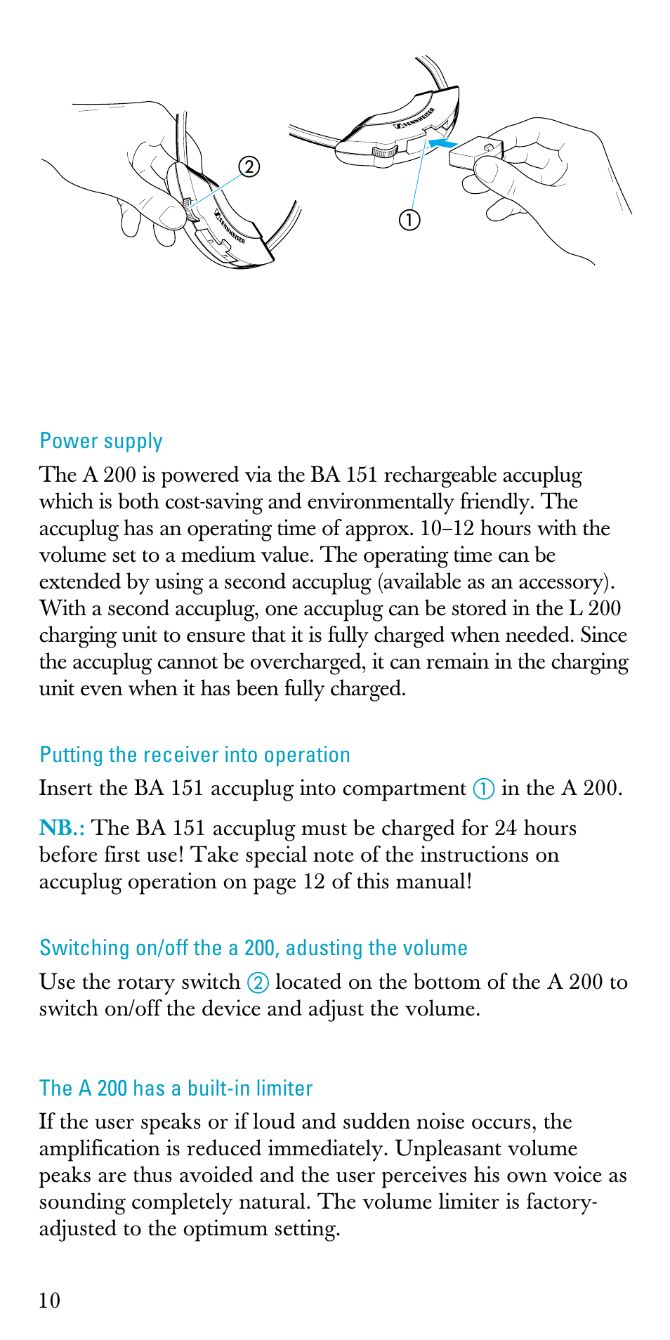 Power supply, Putting the receiver into operation, Switching on/off the a 200, adusting the volume | The a 200 has a built-in limiter | Sennheiser A200 User Manual | Page 10 / 39