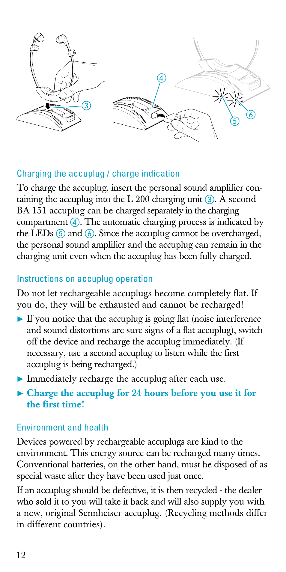 Charging the accuplug / charge indication, Instructions on accuplug operation, Environment and health | Sennheiser A200 User Manual | Page 12 / 39