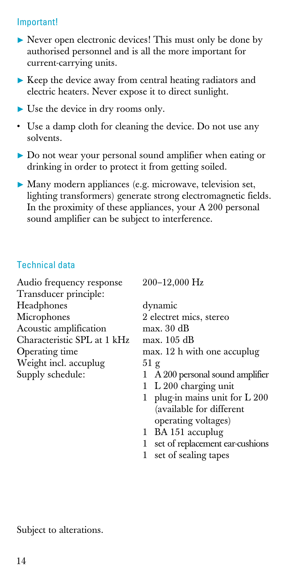 Important, Technical data | Sennheiser A200 User Manual | Page 14 / 39