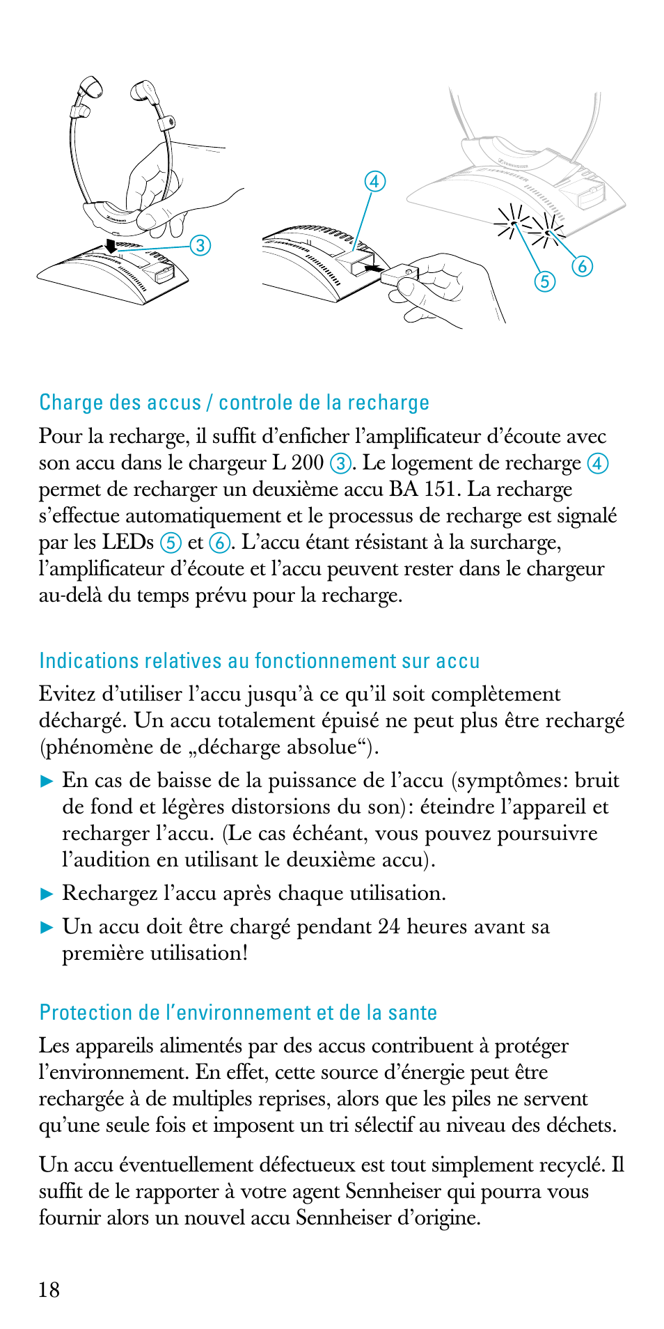 Charge des accus / controle de la recharge, Indications relatives au fonctionnement sur accu, Protection de l’environnement et de la sante | Sennheiser A200 User Manual | Page 18 / 39