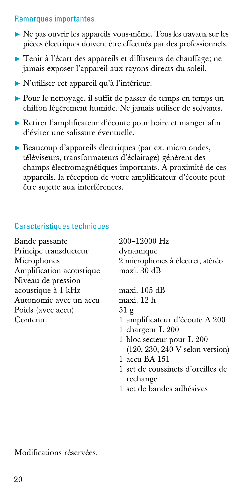 Remarques importantes, Caracteristiques techniques | Sennheiser A200 User Manual | Page 20 / 39