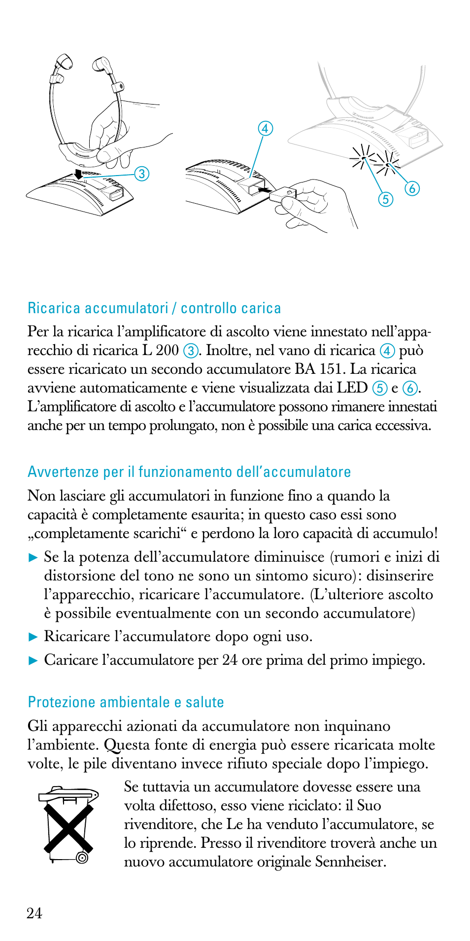 Ricarica accumulatori / controllo carica, Avvertenze per il funzionamento dell’accumulatore, Protezione ambientale e salute | Sennheiser A200 User Manual | Page 24 / 39