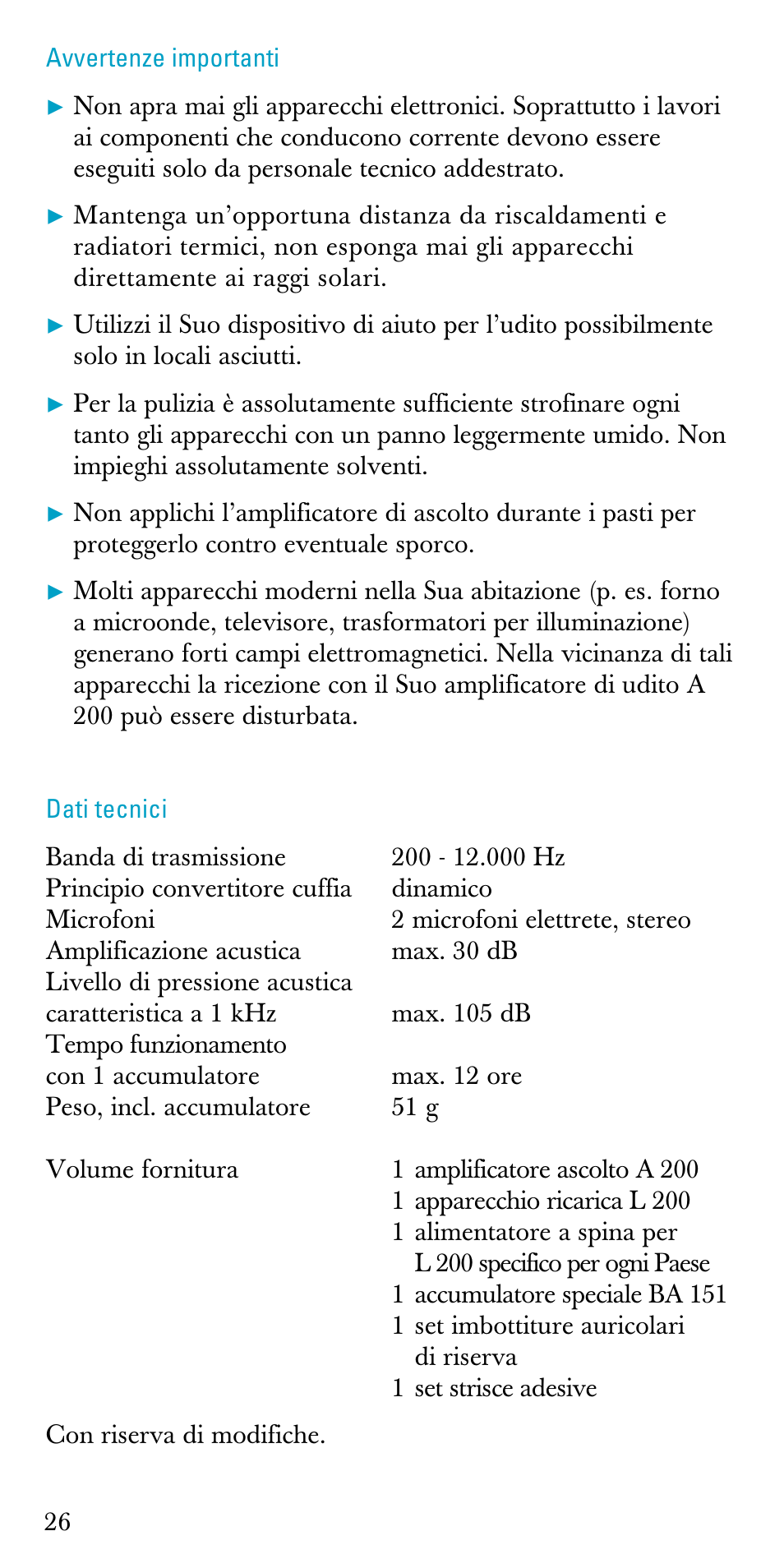 Avvertenze importanti, Dati tecnici | Sennheiser A200 User Manual | Page 26 / 39