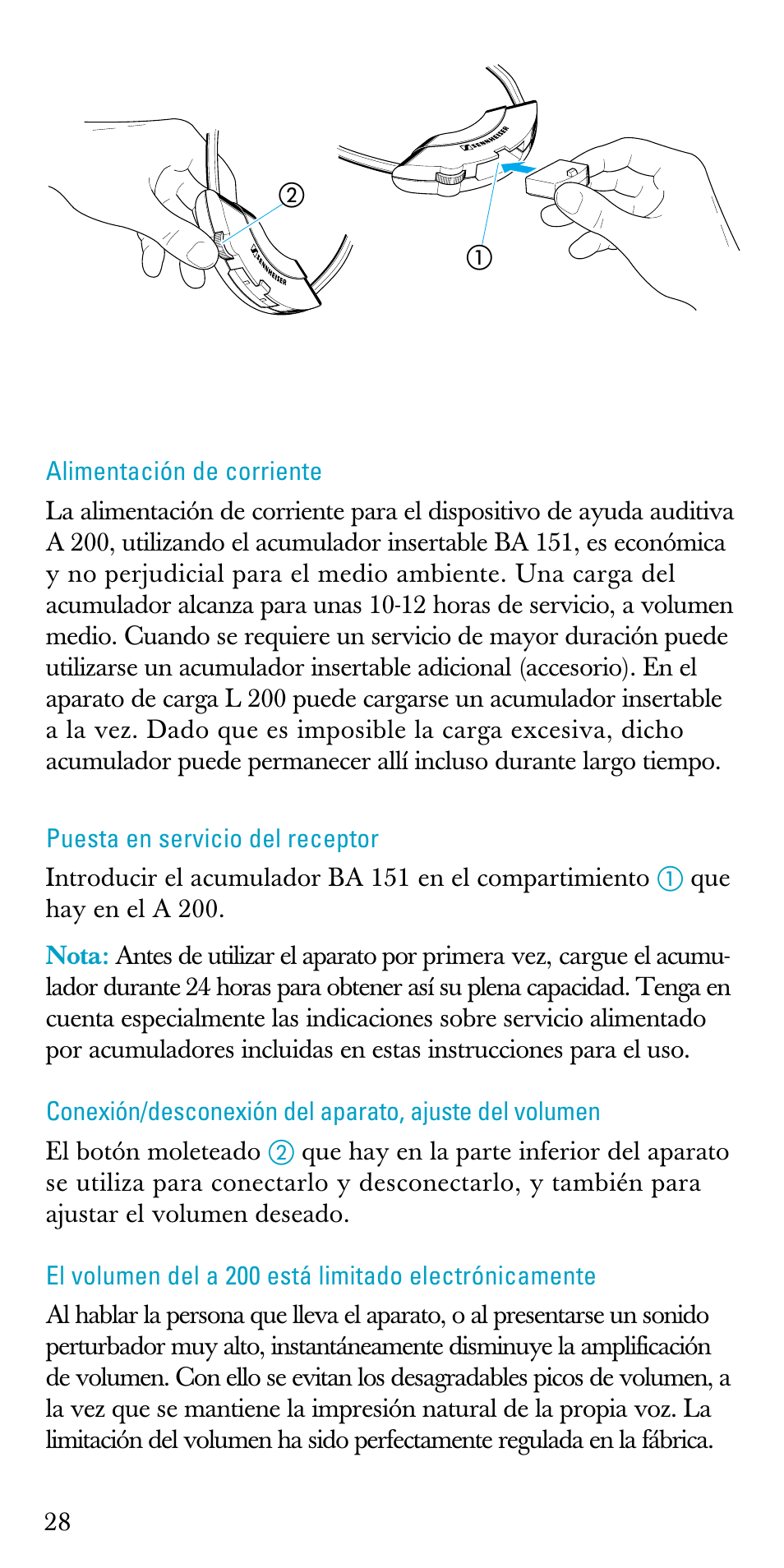 Alimentación de corriente, Puesta en servicio del receptor | Sennheiser A200 User Manual | Page 28 / 39