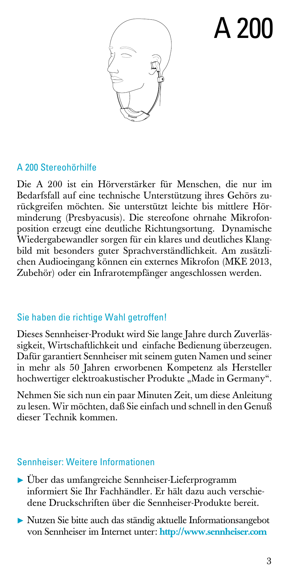 Gebrauchsanleitung, A 200 stereohörhilfe, Sie haben die richtige wahl getroffen | Sennheiser: weitere informationen, A 200 | Sennheiser A200 User Manual | Page 3 / 39