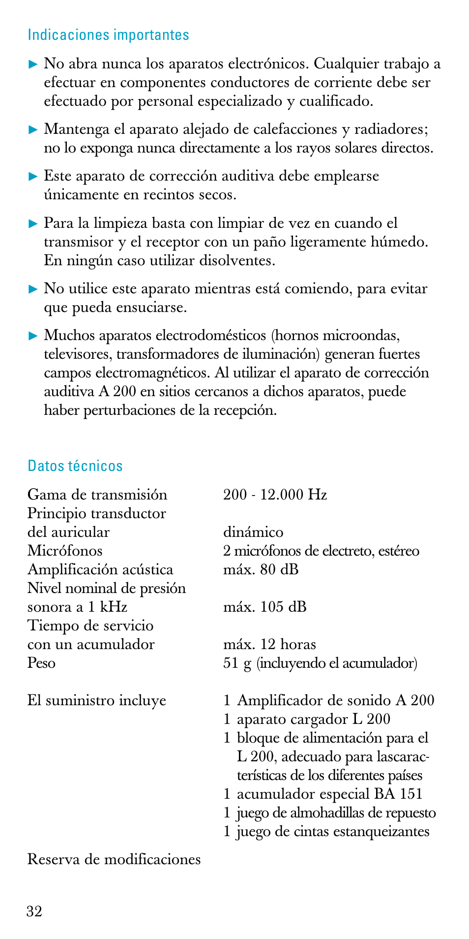 Indicaciones importantes, Datos técnicos | Sennheiser A200 User Manual | Page 32 / 39