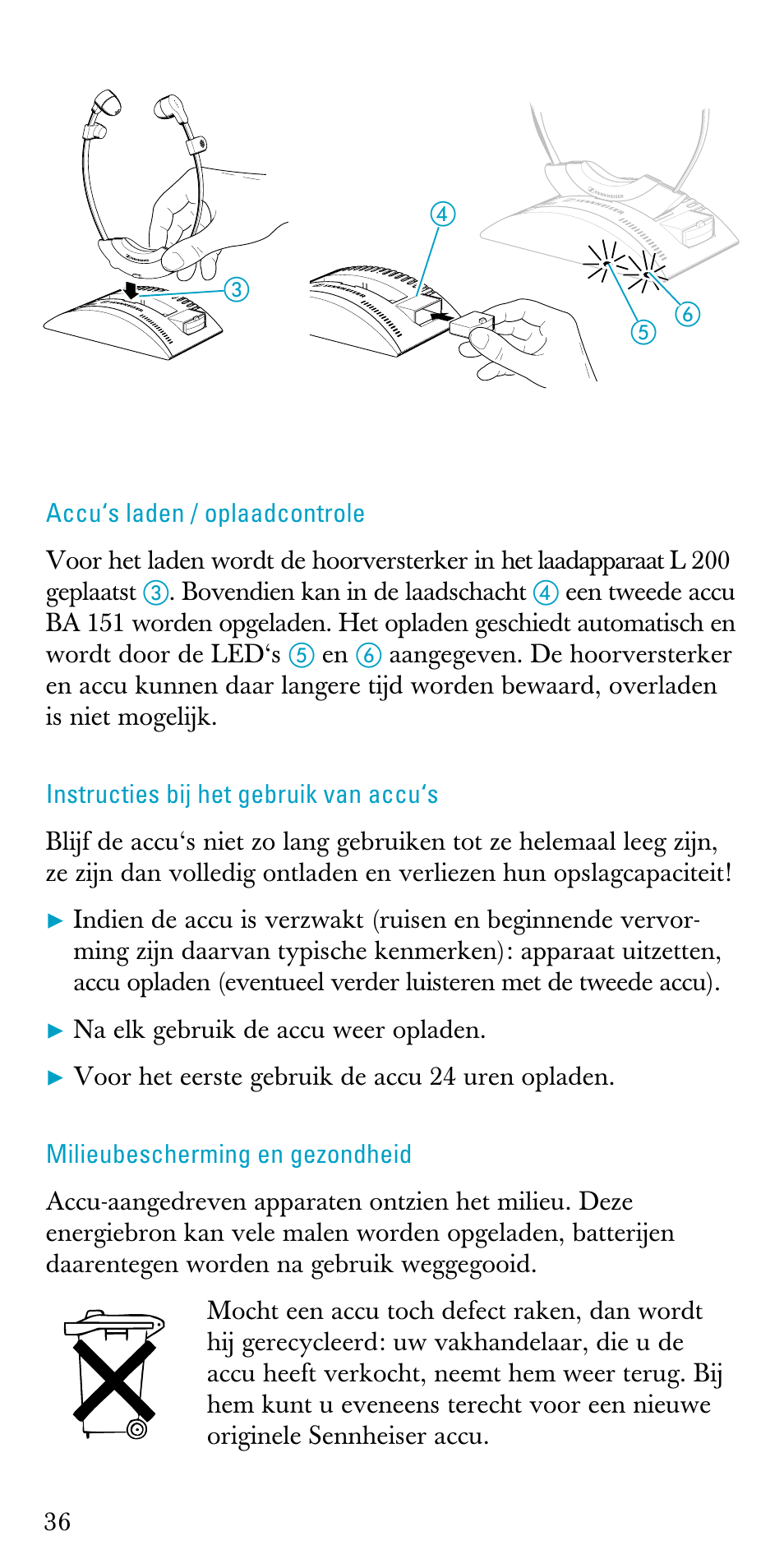 Accu‘s laden / oplaadcontrole, Instructies bij het gebruik van accu‘s, Milieubescherming en gezondheid | Sennheiser A200 User Manual | Page 36 / 39
