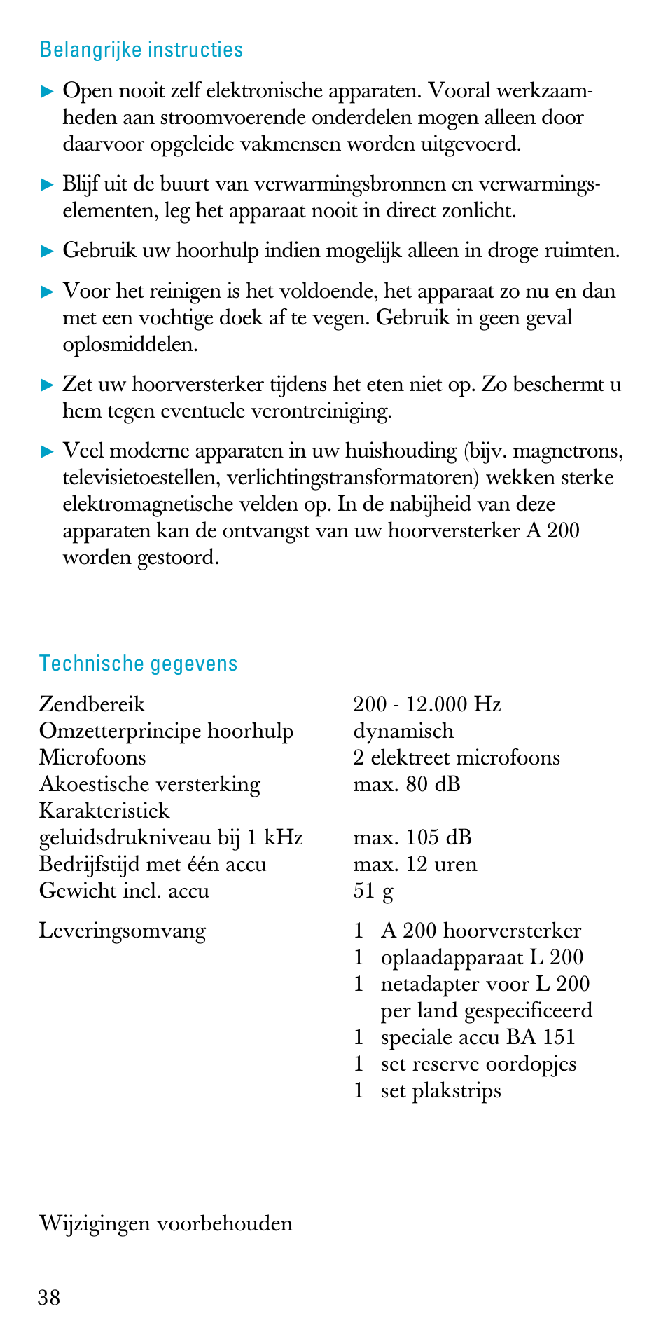 Belangrijke instructies, Technische gegevens | Sennheiser A200 User Manual | Page 38 / 39