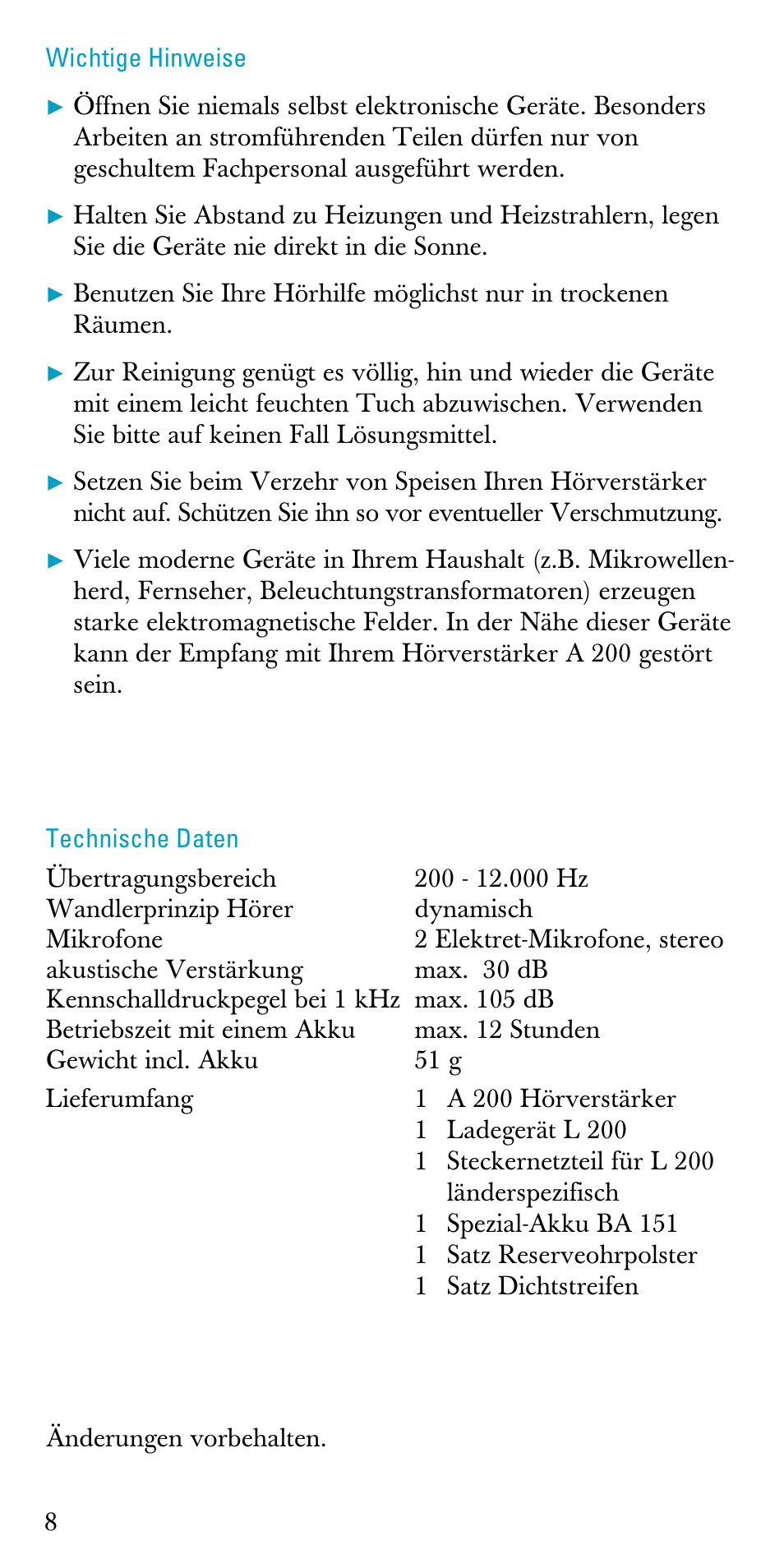 Wichtige hinweise, Technische daten | Sennheiser A200 User Manual | Page 8 / 39