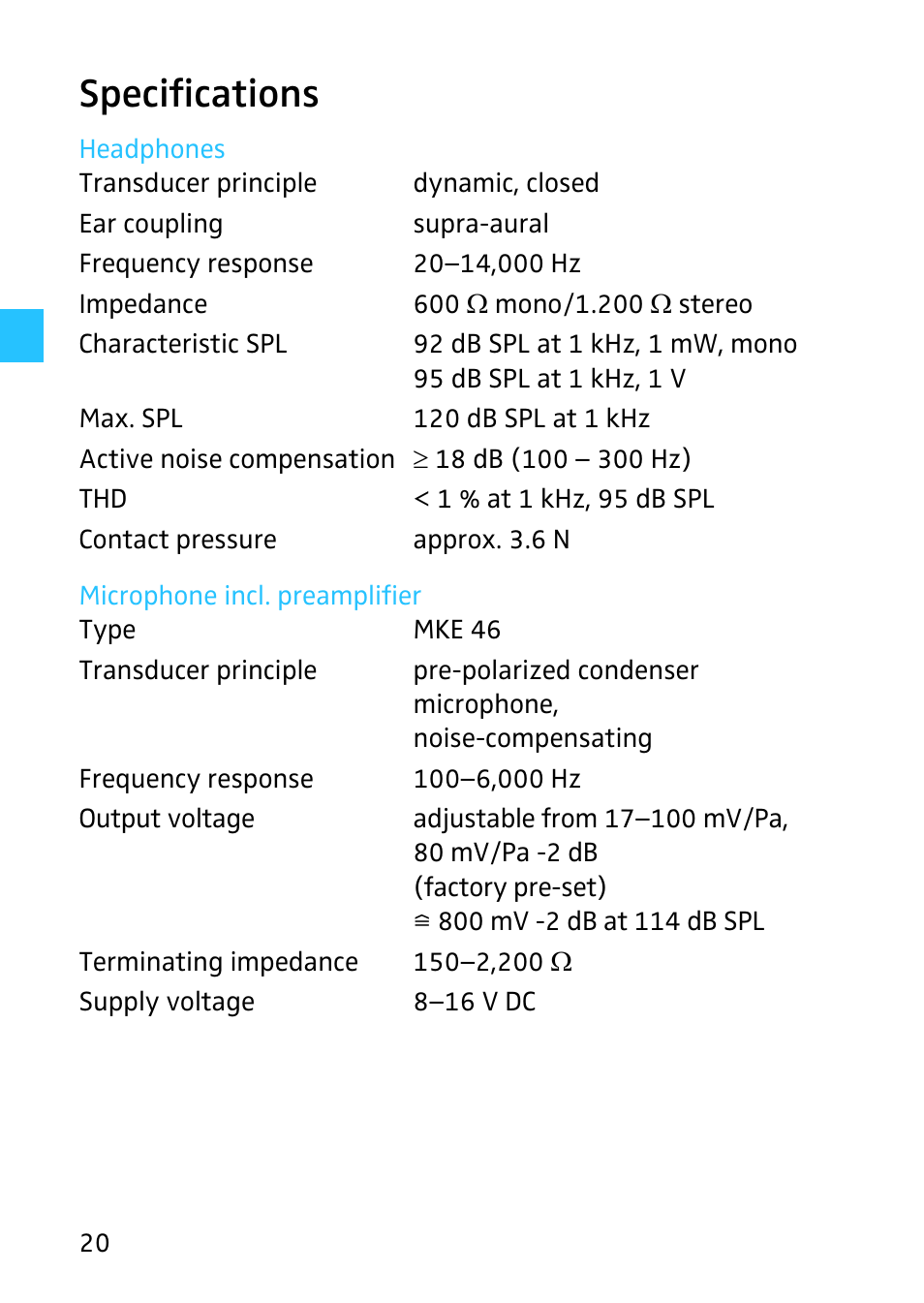 Specifications | Sennheiser 502399 User Manual | Page 22 / 28