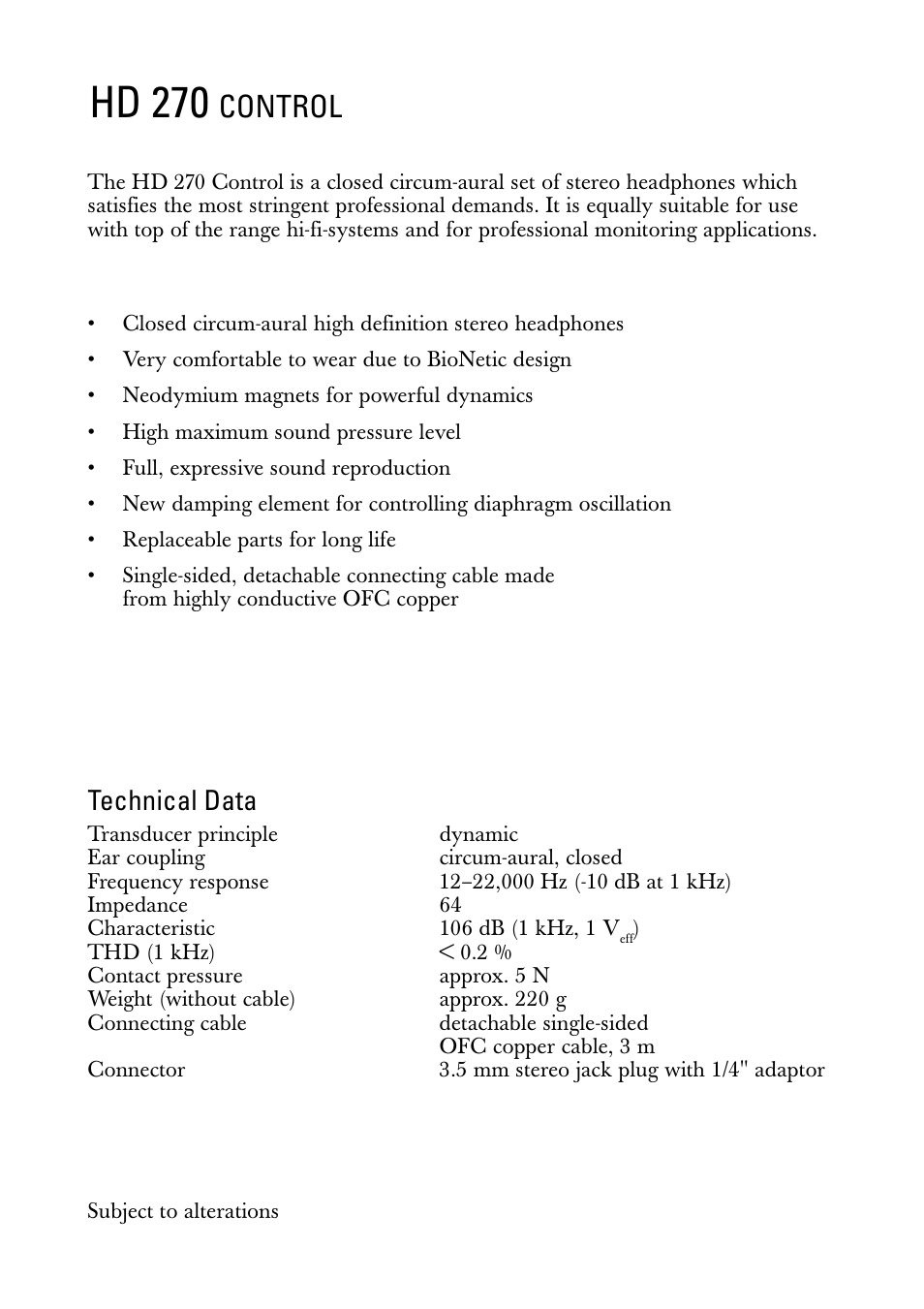 Instructions for use, Hd 270, Control | Technical data | Sennheiser HD 270 User Manual | Page 3 / 8