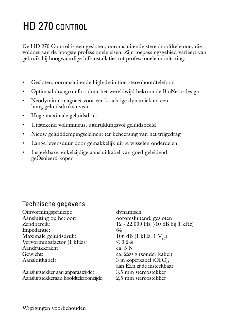 Gebruiksaanwijzing, Hd 270, Control | Technische gegevens | Sennheiser HD 270 User Manual | Page 7 / 8