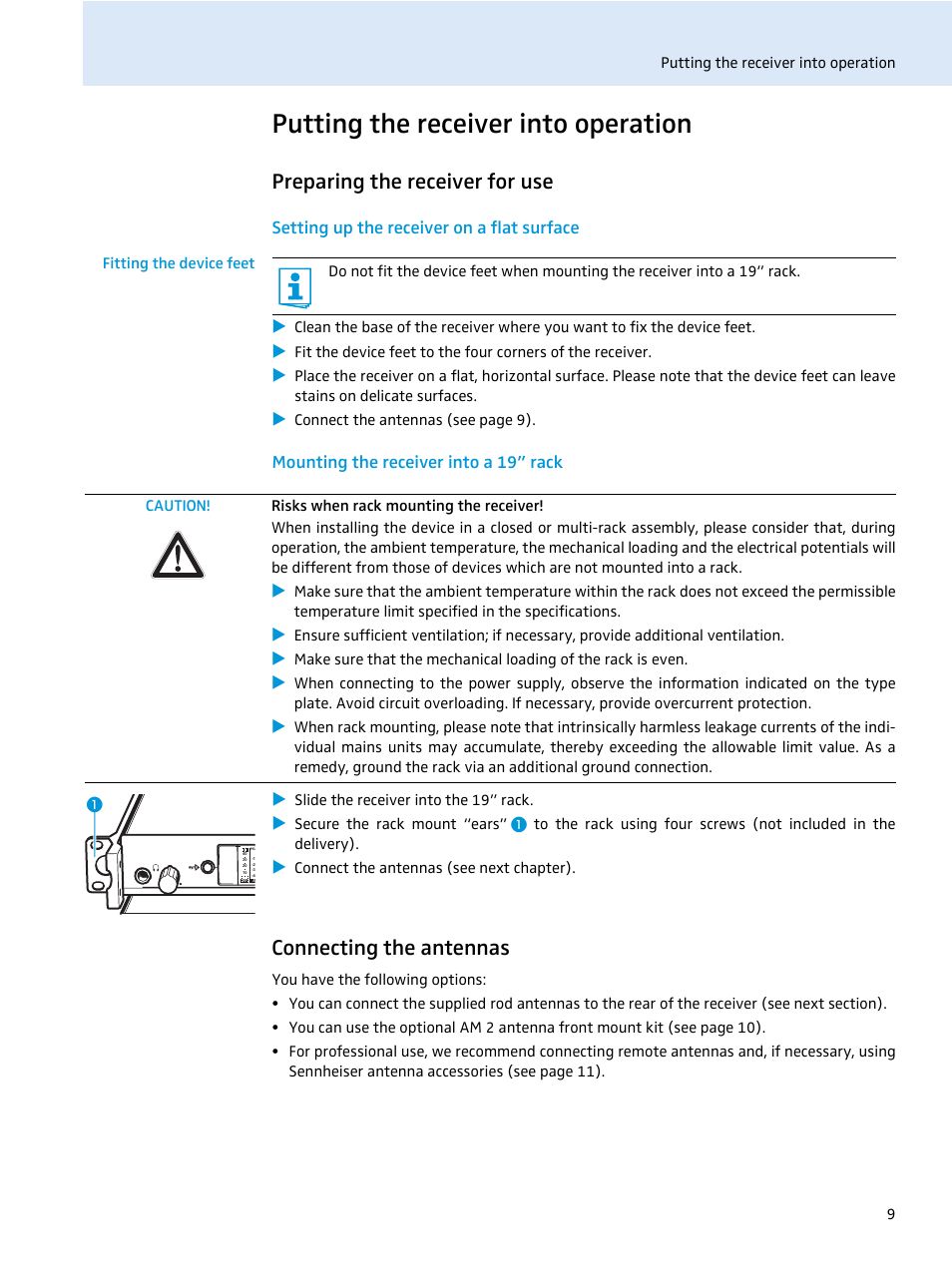 Putting the receiver into operation, Preparing the receiver for use, Setting up the receiver on a flat surface | Fitting the device feet, Mounting the receiver into a 19” rack, Connecting the antennas | Sennheiser EM 2000 User Manual | Page 11 / 38