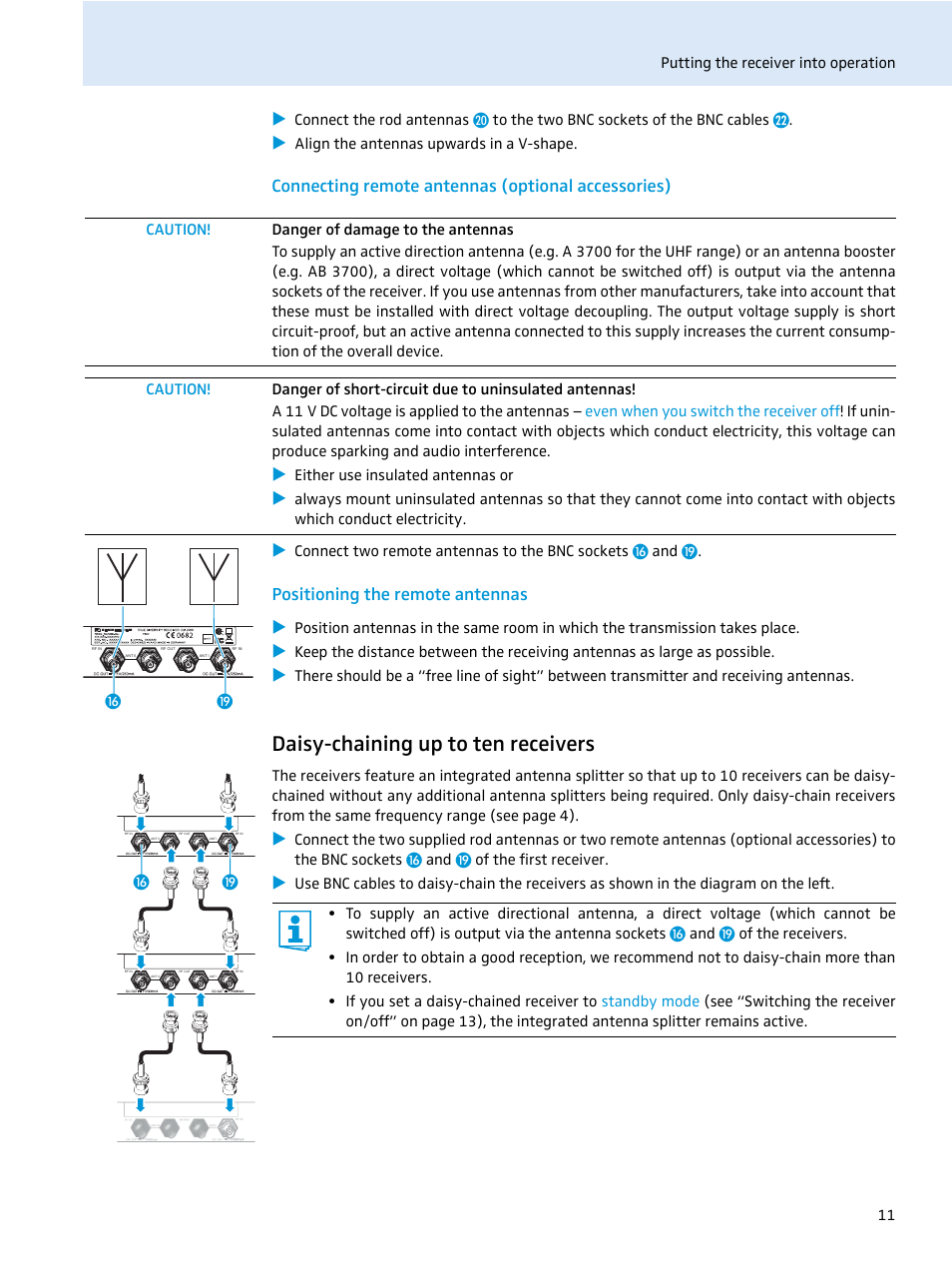 Connecting remote antennas (optional accessories), Positioning the remote antennas, Daisy-chaining up to ten receivers | Sennheiser EM 2000 User Manual | Page 13 / 38