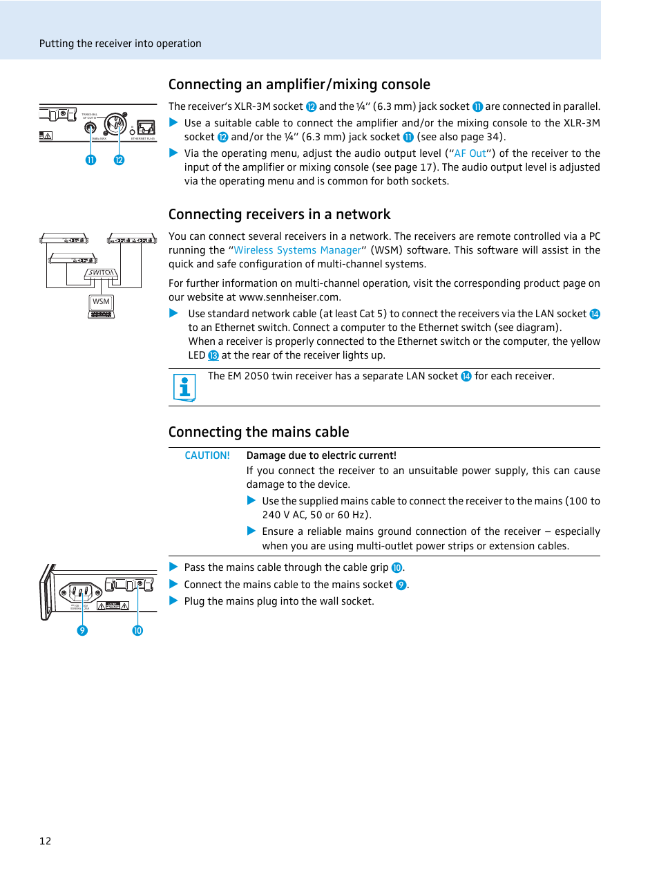 Connecting an amplifier/mixing console, Connecting receivers in a network, Connecting the mains cable | Sennheiser EM 2000 User Manual | Page 14 / 38