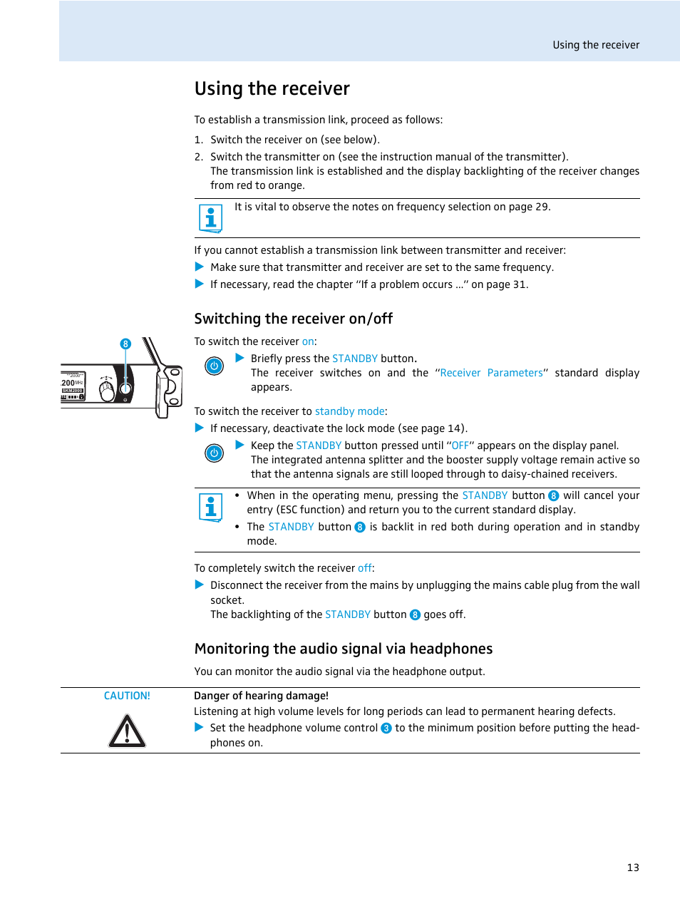 Using the receiver, Switching the receiver on/off, Monitoring the audio signal via headphones | Switching the receiver | Sennheiser EM 2000 User Manual | Page 15 / 38