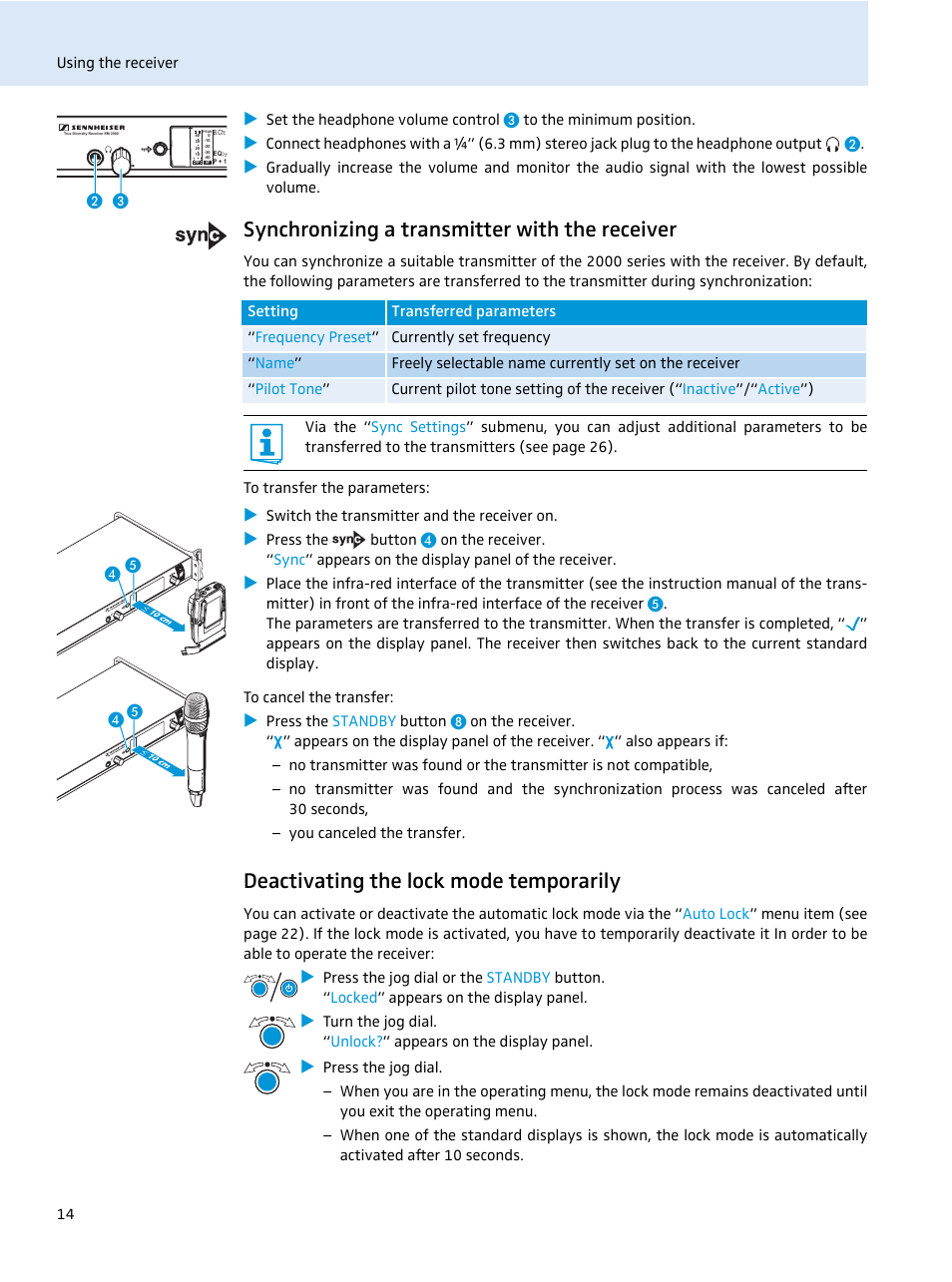 Synchronizing a transmitter with the receiver, Deactivating the lock mode temporarily | Sennheiser EM 2000 User Manual | Page 16 / 38