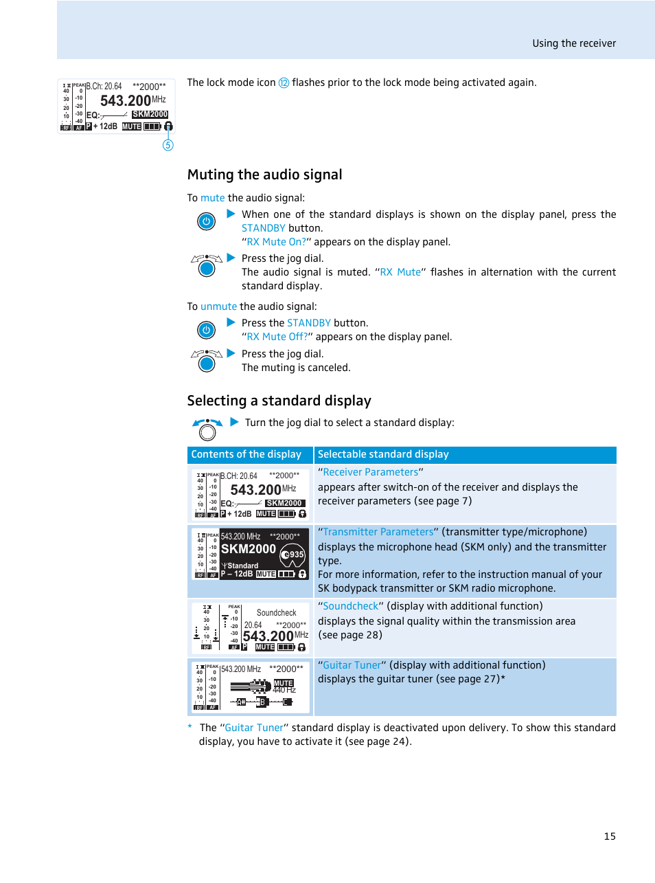 Muting the audio signal, Selecting a standard display, Skm2000 | Sennheiser EM 2000 User Manual | Page 17 / 38